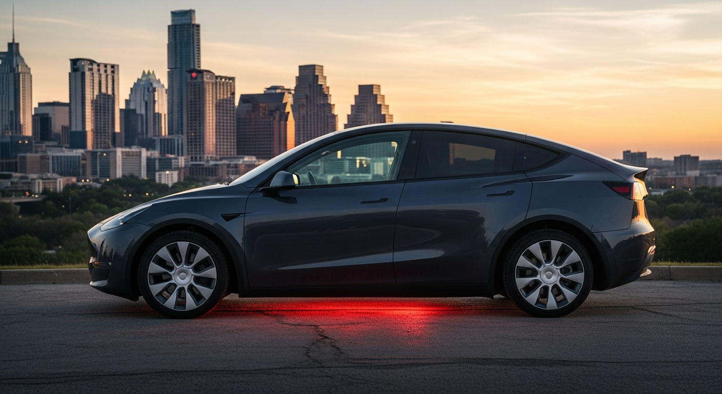 A Tesla Model Y parked at golden hour with the downtown Austin, Texas skyline in the background