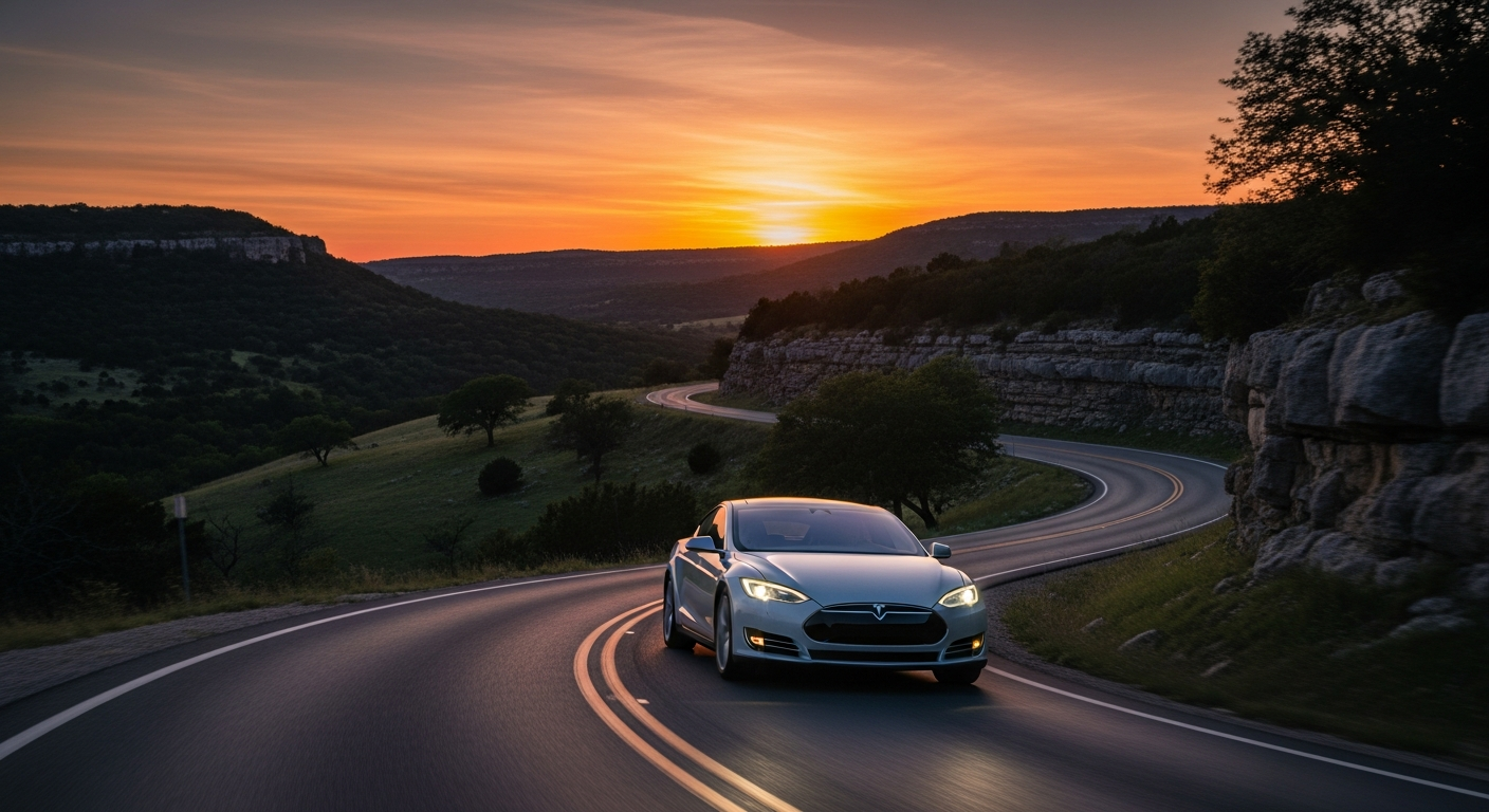 A Tesla driving along a winding Texas Hill Country road at sunset with rolling hills